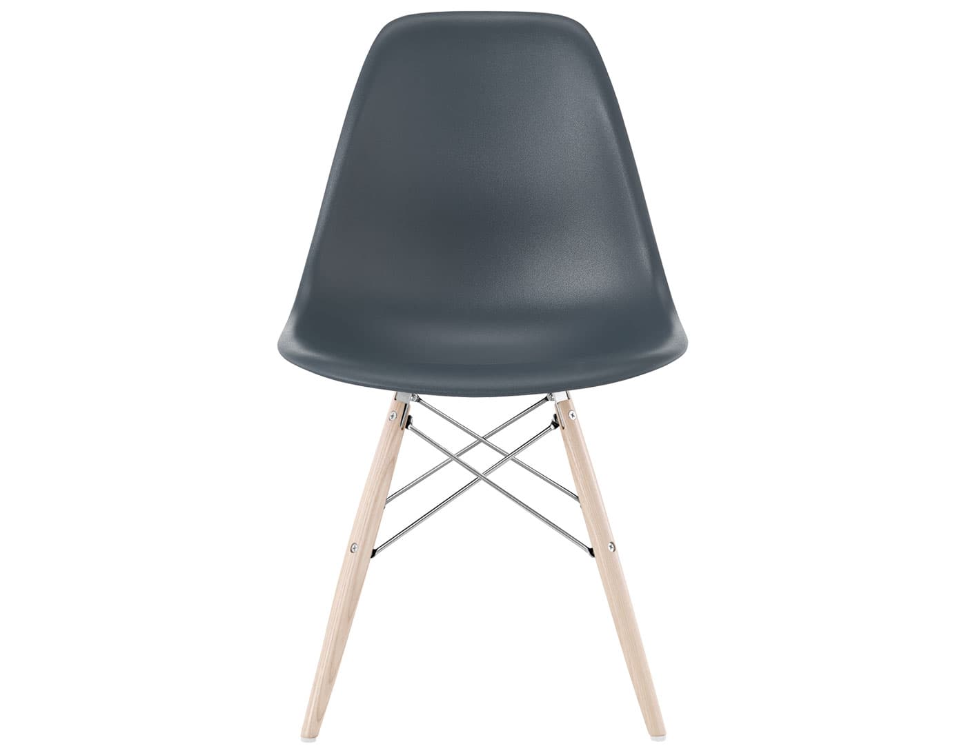 eames molded plastic side chair with dowel base / standard glides with felt bottom / 100% recycled plastic - medium grey / white ash with white glides / trivalent chrome