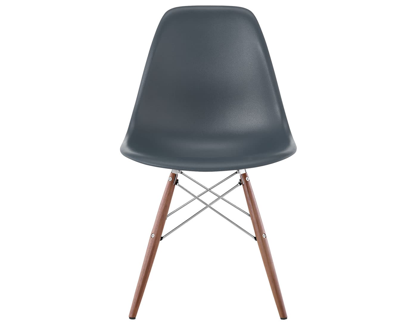 eames molded plastic side chair with dowel base / standard glides with felt bottom / 100% recycled plastic - medium grey / walnut with black glides / trivalent chrome