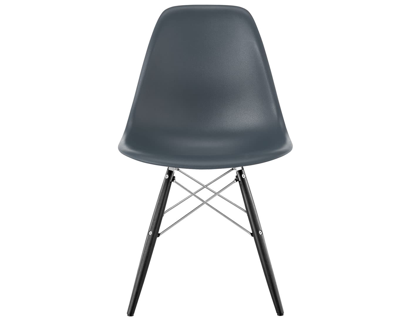 eames molded plastic side chair with dowel base / standard glides with felt bottom / 100% recycled plastic - medium grey / ebony with black glides / trivalent chrome