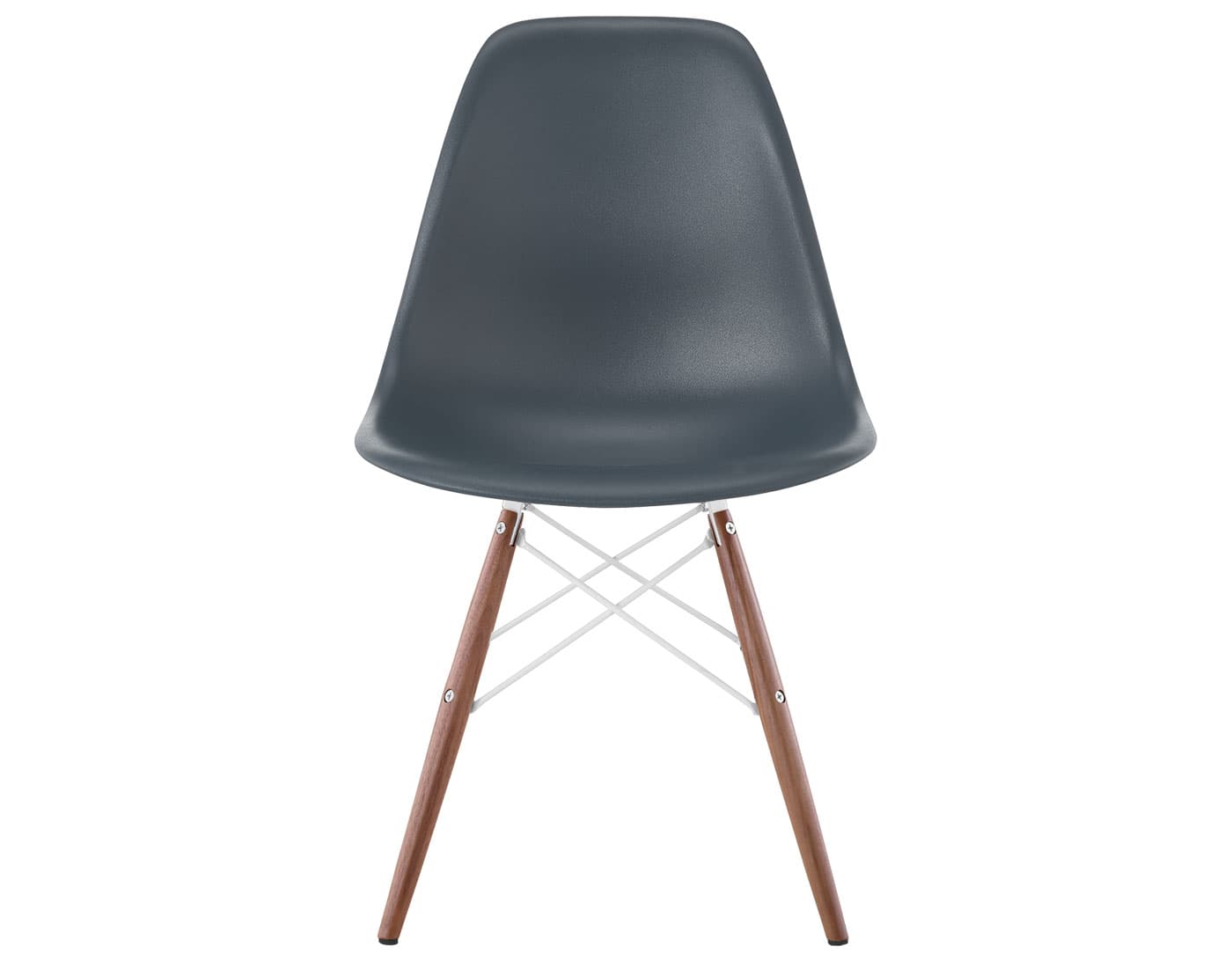 eames molded plastic side chair with dowel base / standard glides with felt bottom / 100% recycled plastic - medium grey / walnut with black glides / white