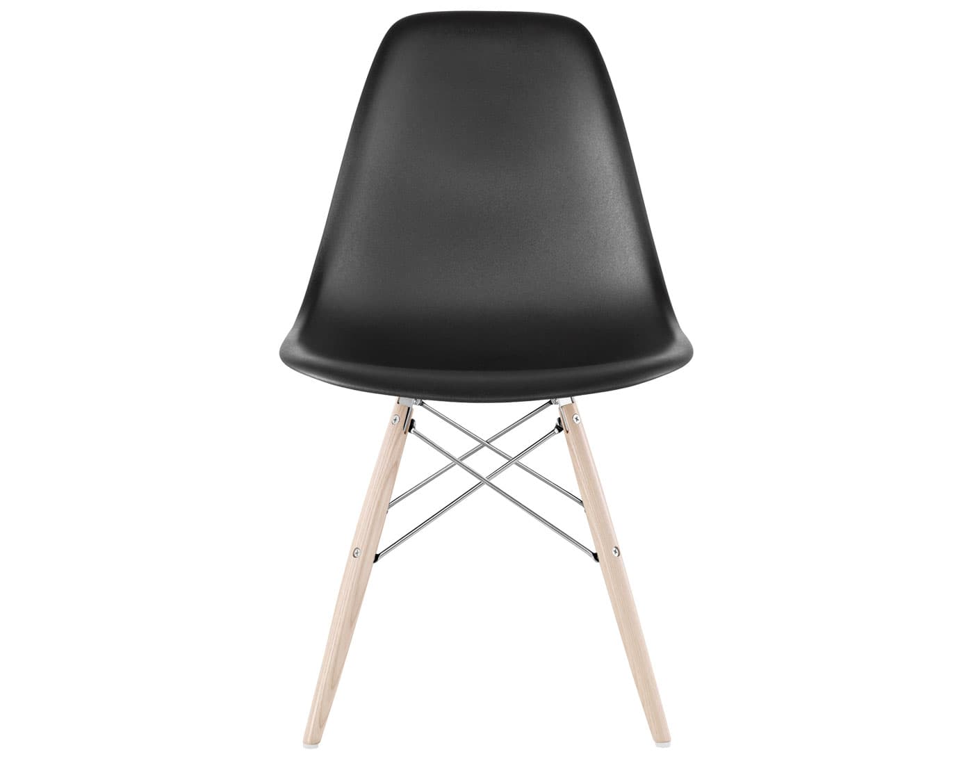 eames molded plastic side chair with dowel base / standard glides with felt bottom / 100% recycled plastic - black / white ash with white glides / trivalent chrome