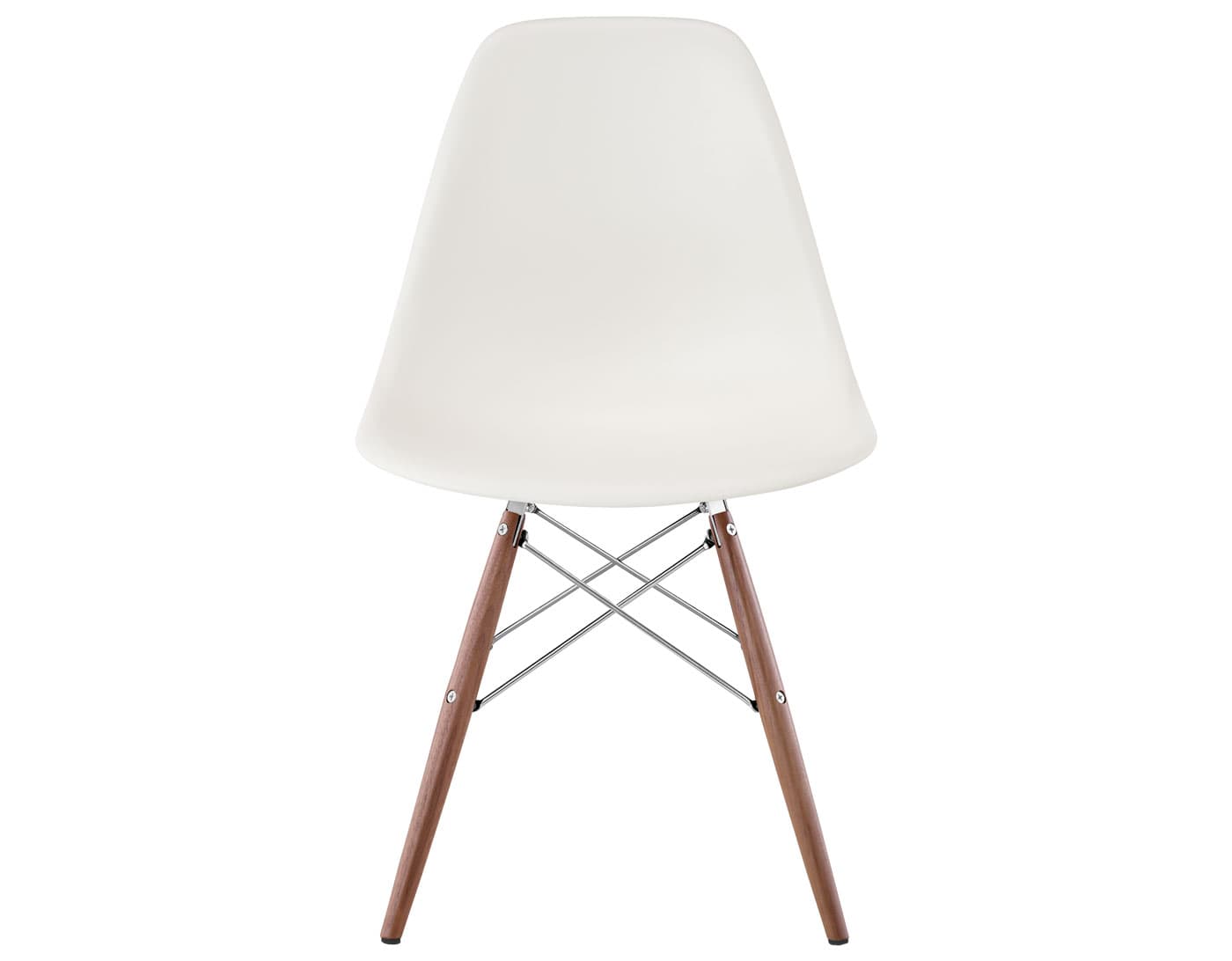 eames molded plastic side chair with dowel base / standard glides / 100% recycled plastic - white / walnut with black glides / trivalent chrome