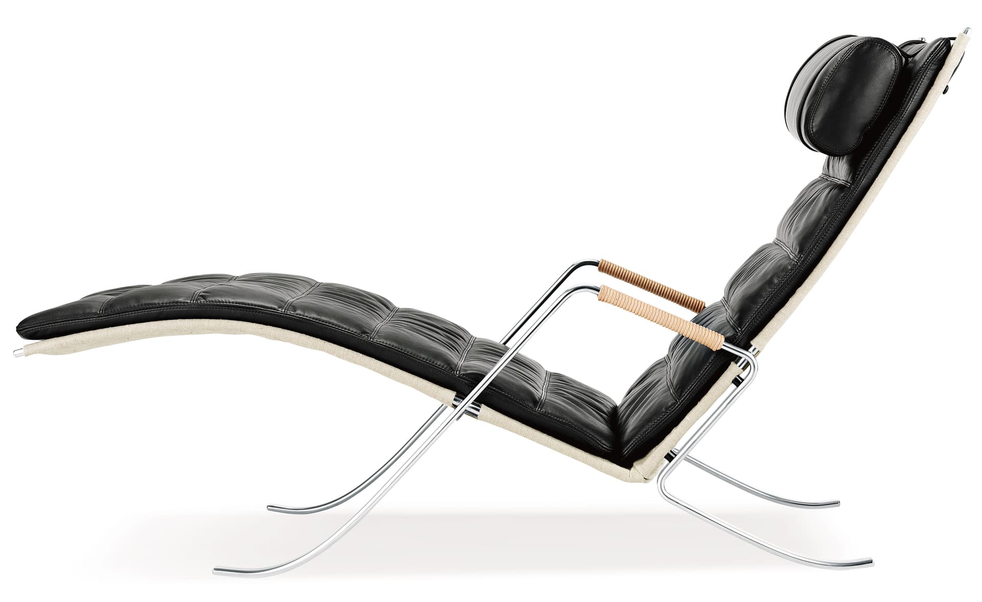 fk87 grasshopper chair / black leather / chrome plated steel with natural leather armrests