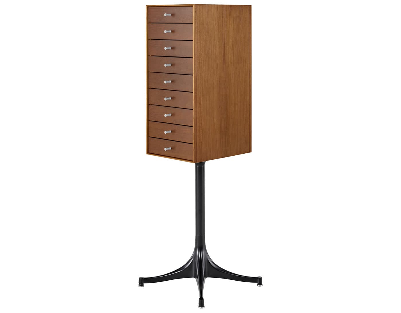 nelson miniature chest 9 drawer / teak case & teak drawers / black pedestal base / polished aluminum
