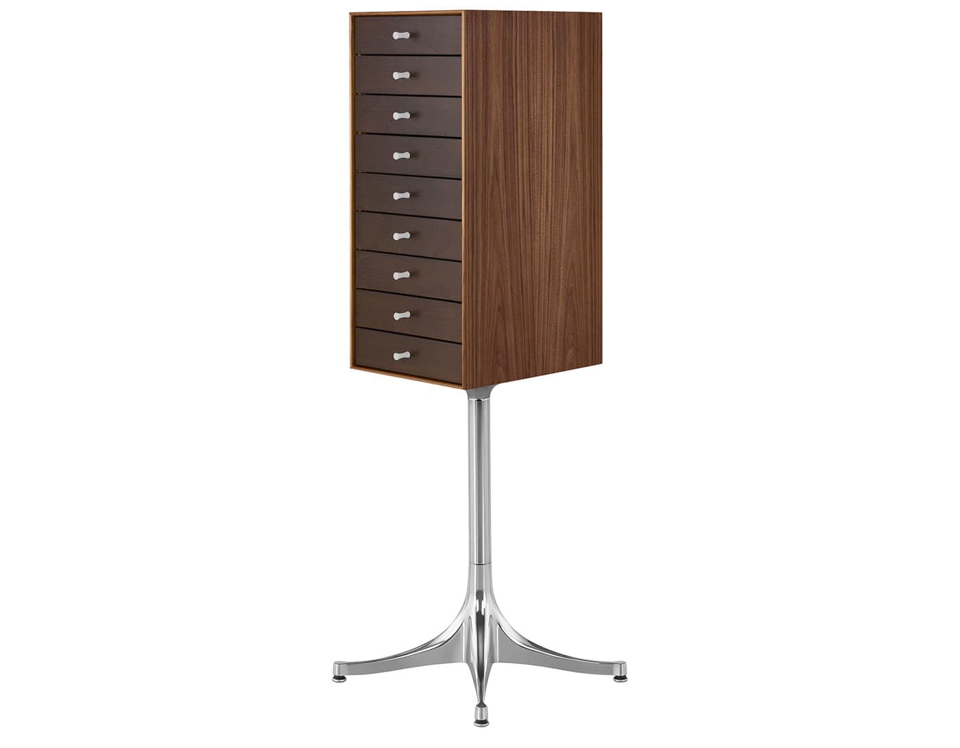 nelson miniature chest 9 drawer / walnut case & dark brown walnut drawers combination / polished aluminum pedestal base / studio white