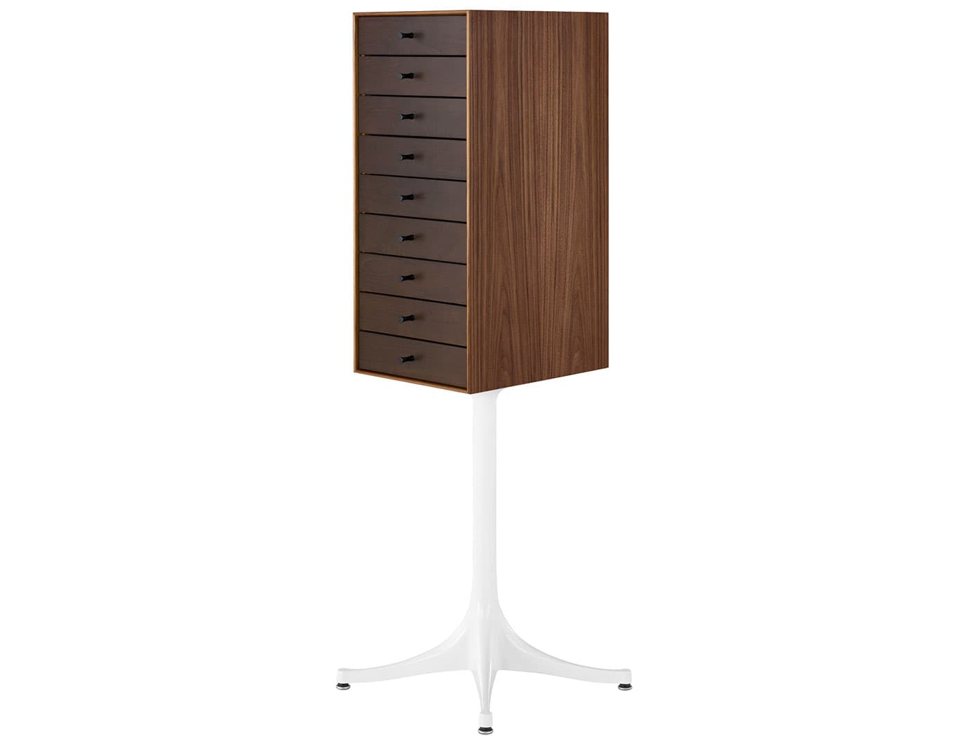 nelson miniature chest 9 drawer / walnut case & dark brown walnut drawers combination / studio white pedestal base / black