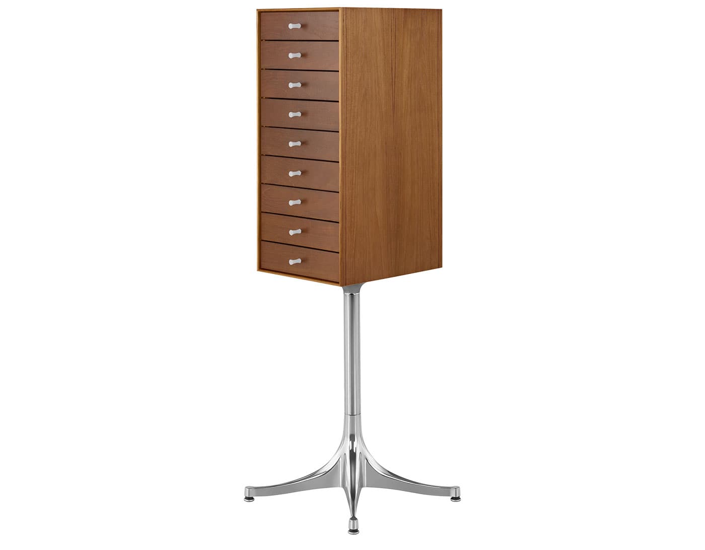 nelson miniature chest 9 drawer / teak case & teak drawers / polished aluminum pedestal base / studio white