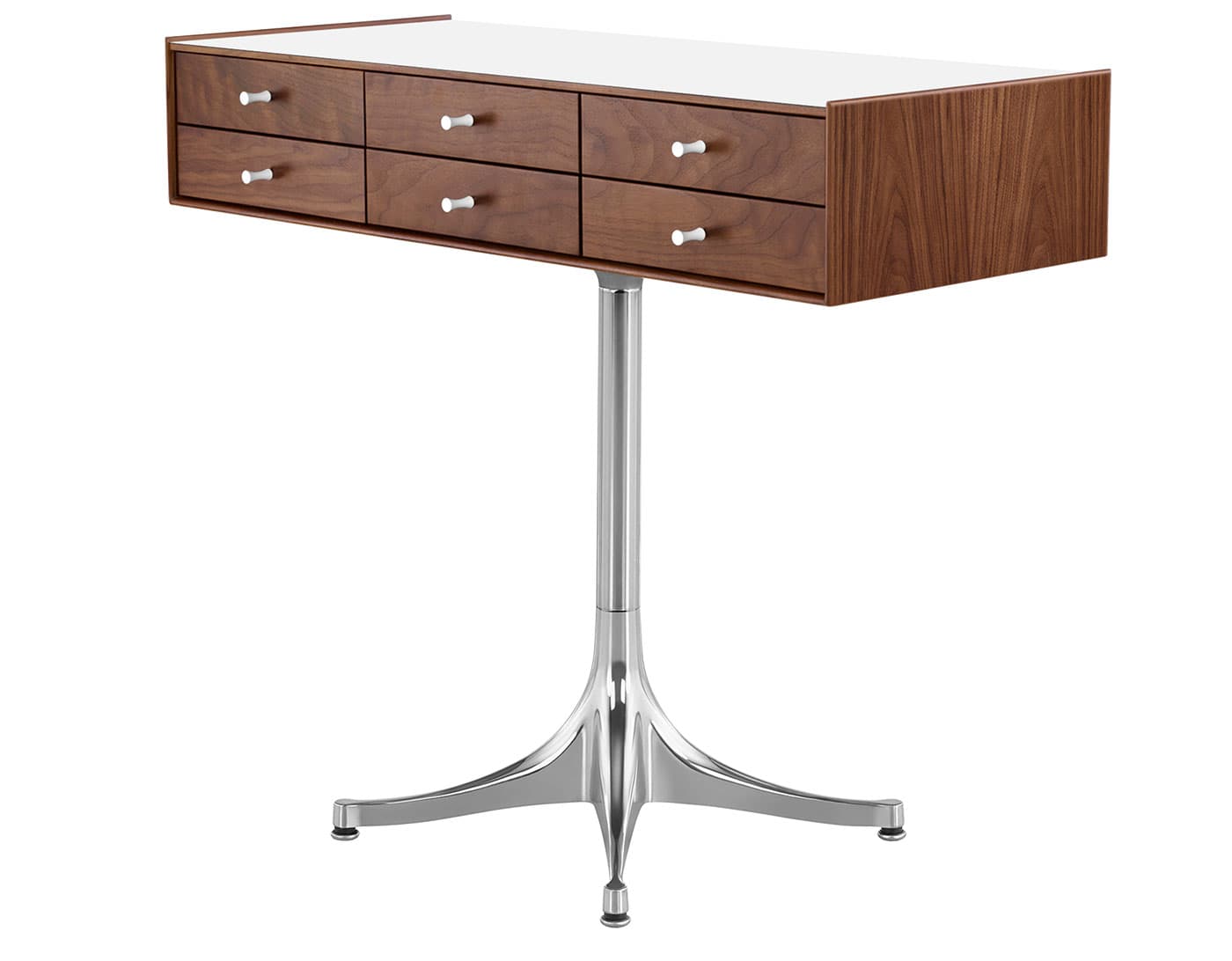 nelson miniature chest 6 drawer / walnut case & walnut drawers  / studio white  / polished aluminum pedestal base  / studio white laminate