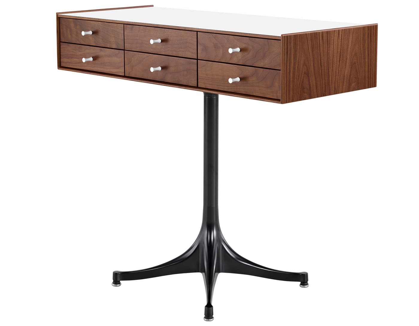 nelson miniature chest 6 drawer / walnut case & walnut drawers  / studio white  / black pedestal base  / studio white laminate
