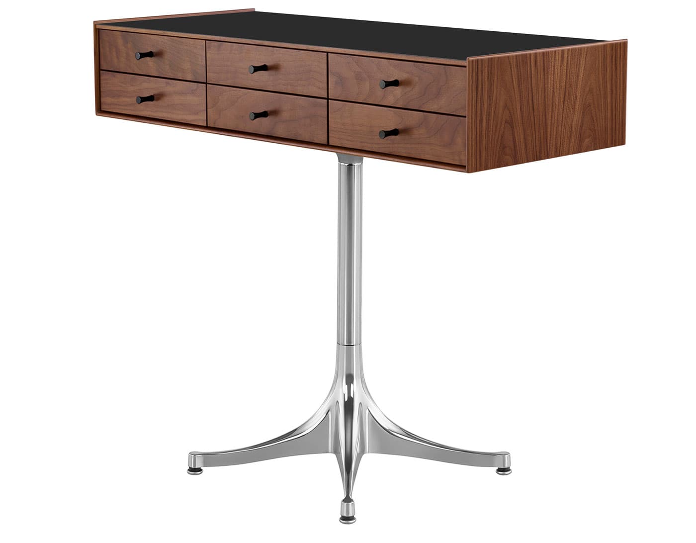 nelson miniature chest 6 drawer / walnut case & walnut drawers  / black  / polished aluminum pedestal base  / black laminate