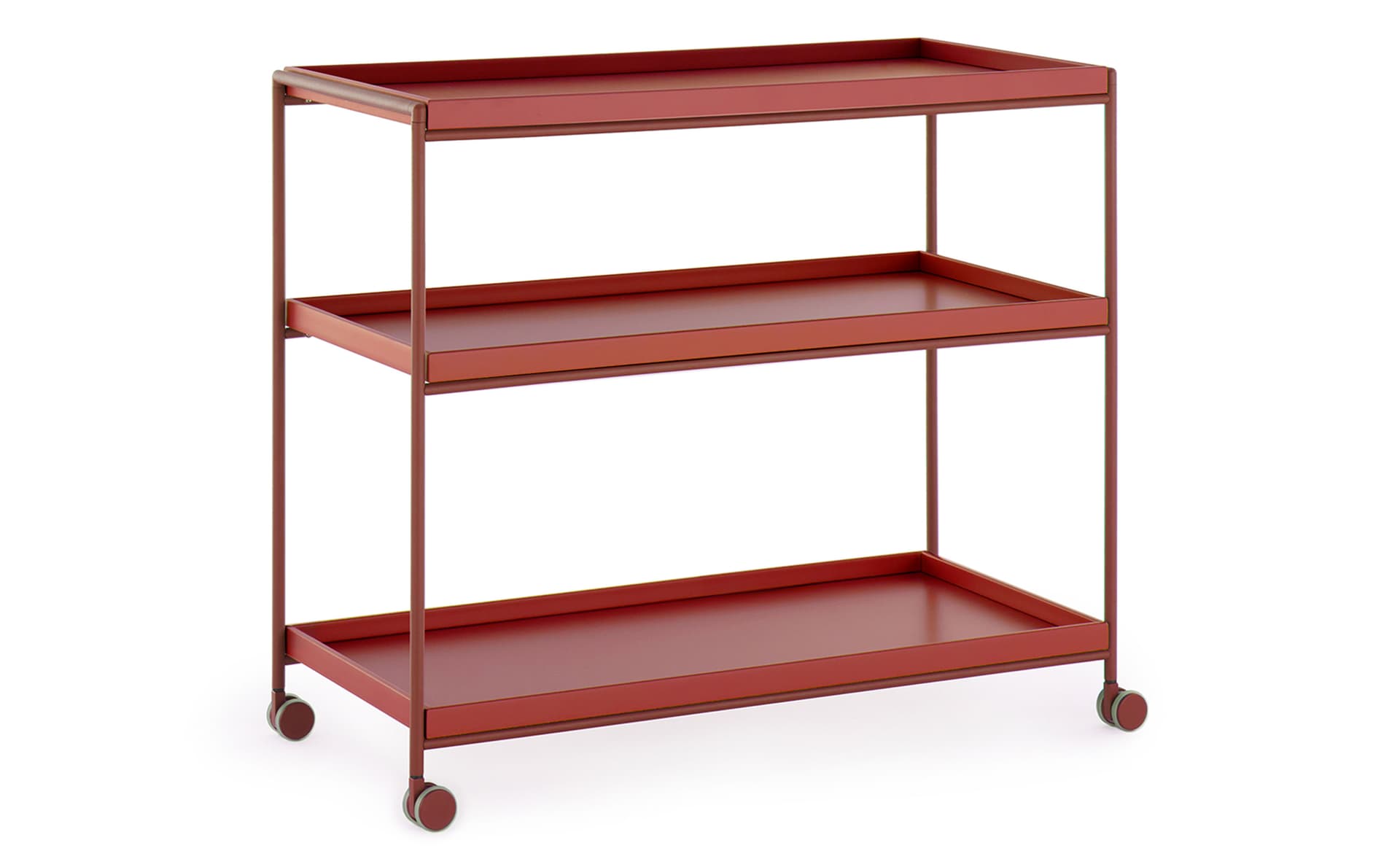 Trays Shelving Unit / 31.5" width (with wheels/castors) / matte red trays / matte red frame