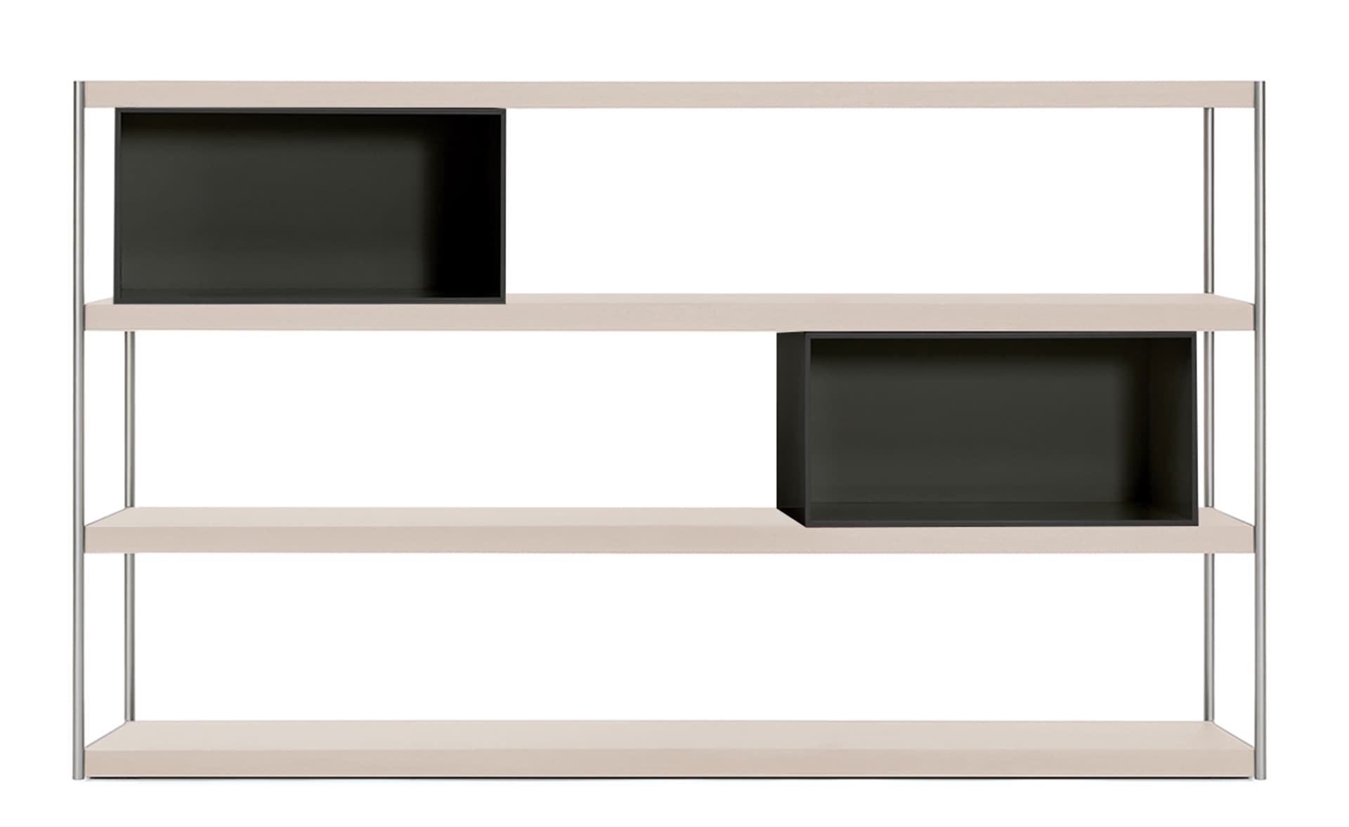 High, 4 shelf unit / light wood / 2x rectangle boxes, black