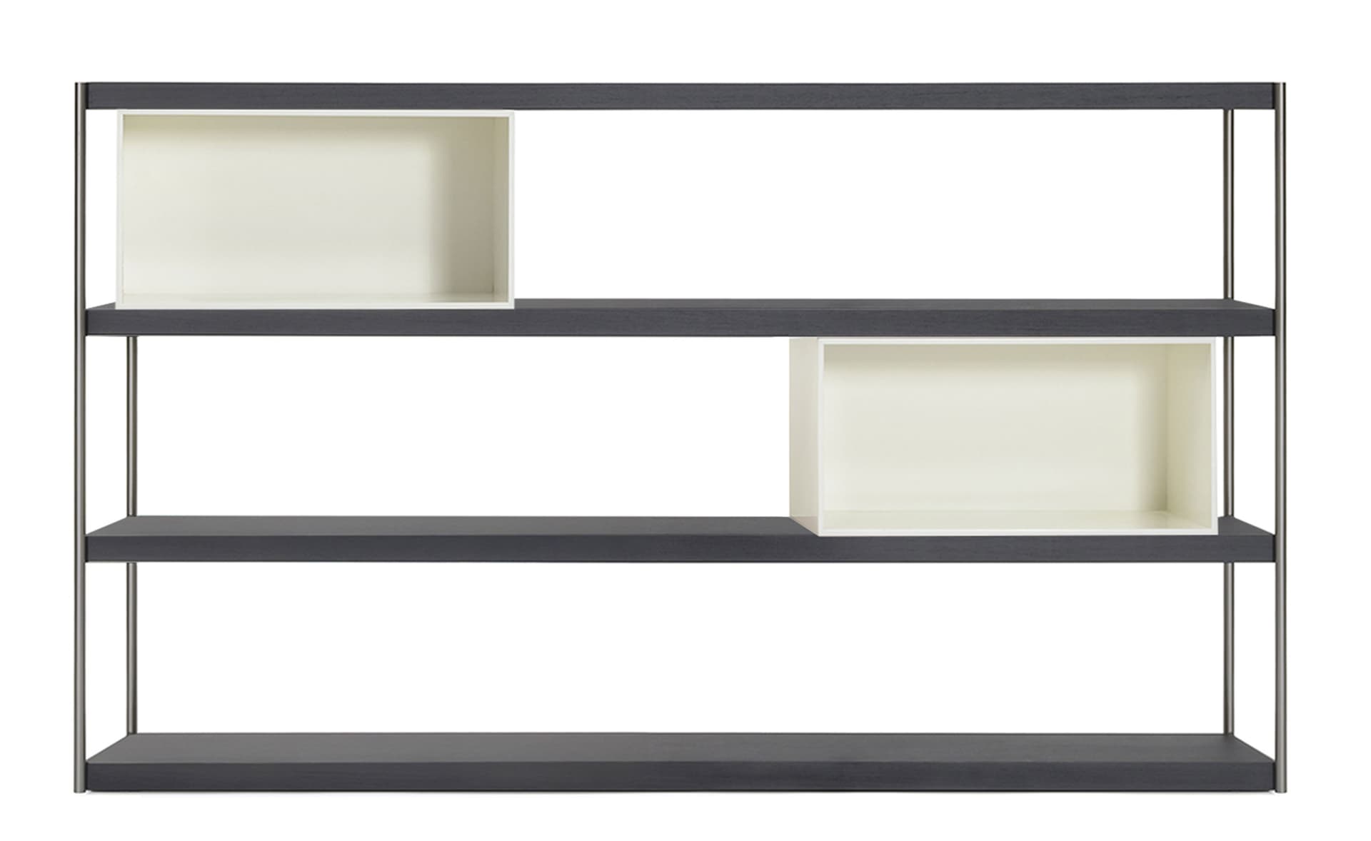 High, 4 shelf unit / dark wood / 2x rectangle boxes, ivory