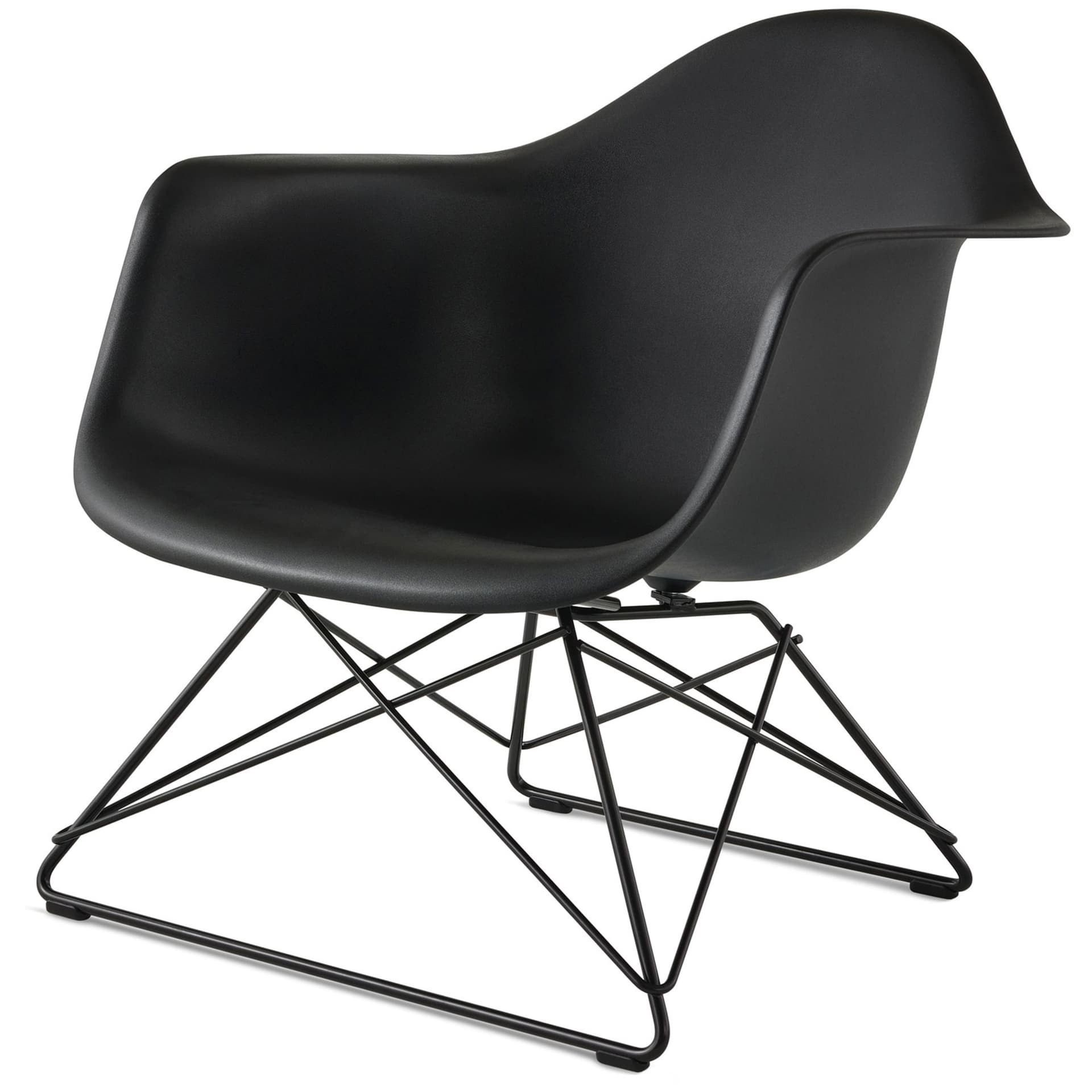 eames molded plastic armchair with low wire base / black base / black shell / black standard glides