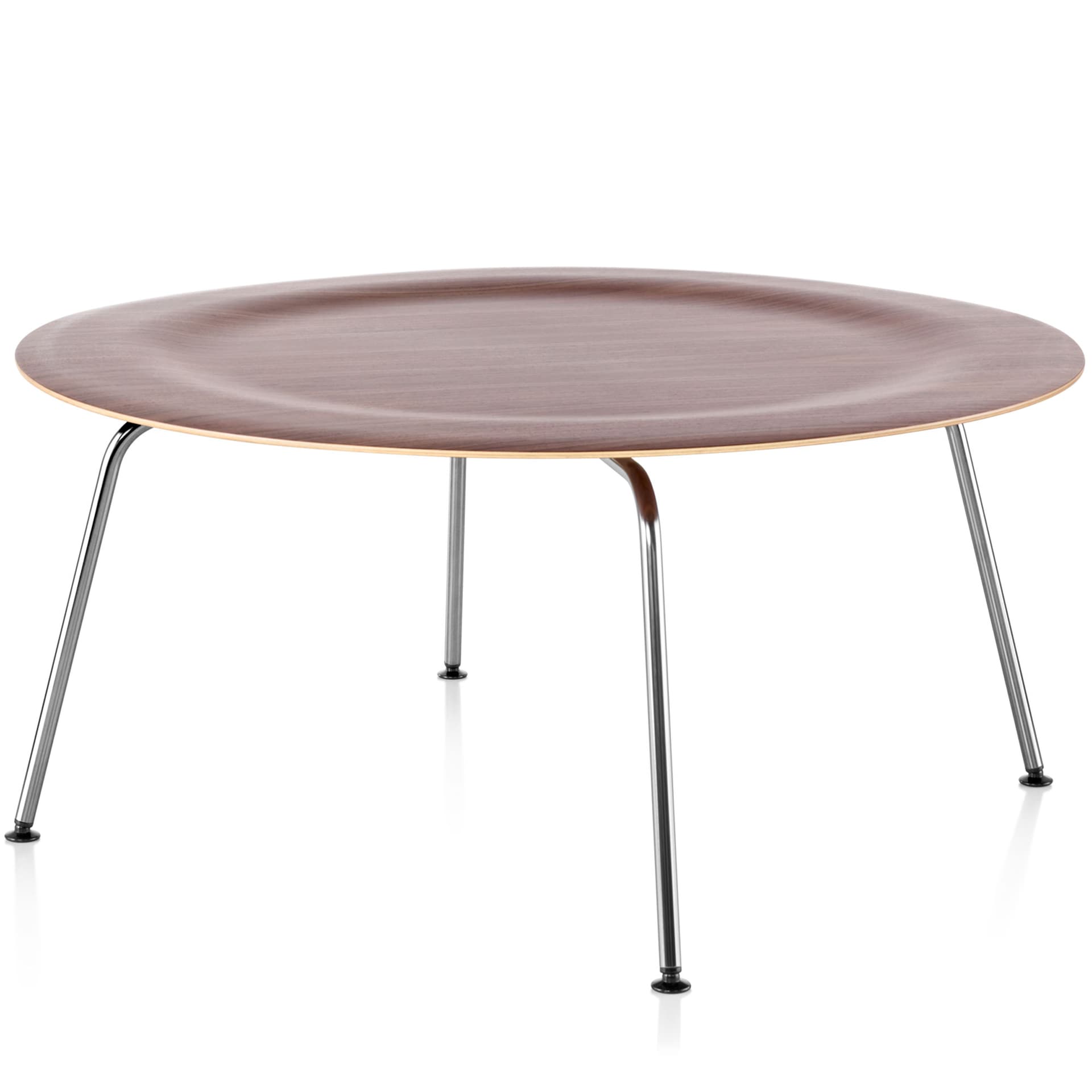 eames molded plywood coffee table with metal base / walnut top / chrome legs