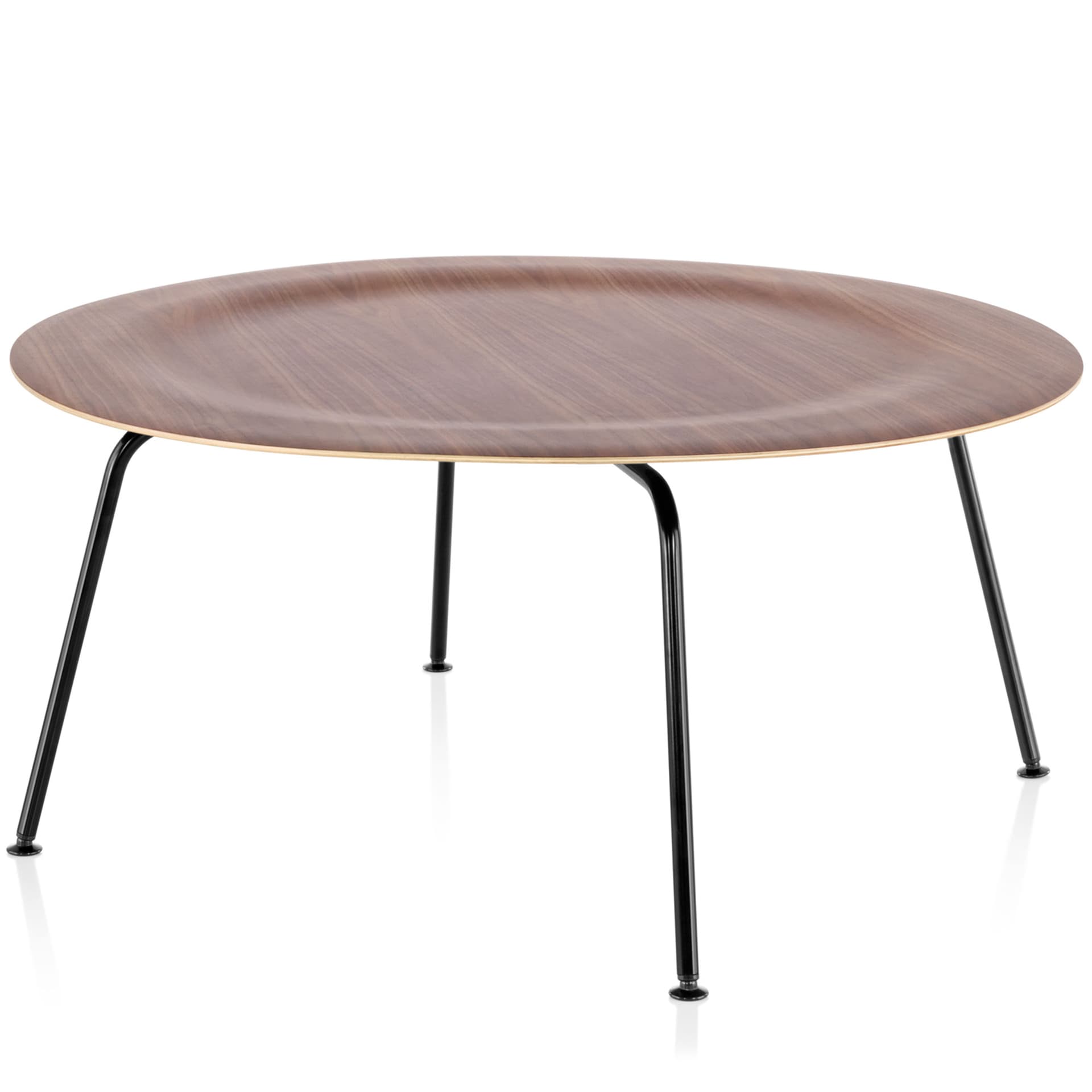 eames molded plywood coffee table with metal base / walnut top / black legs