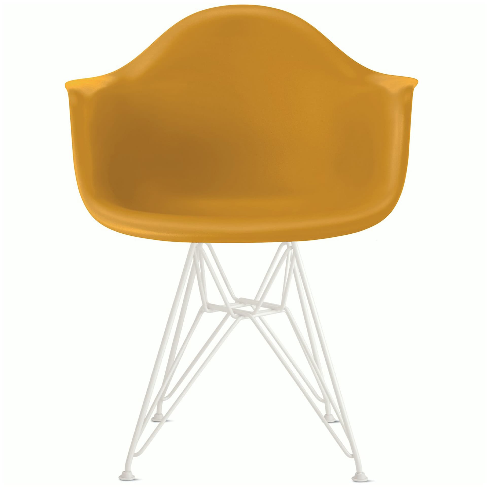 eames molded plastic armchair with wire base / white base / deep yellow shell / standard glides