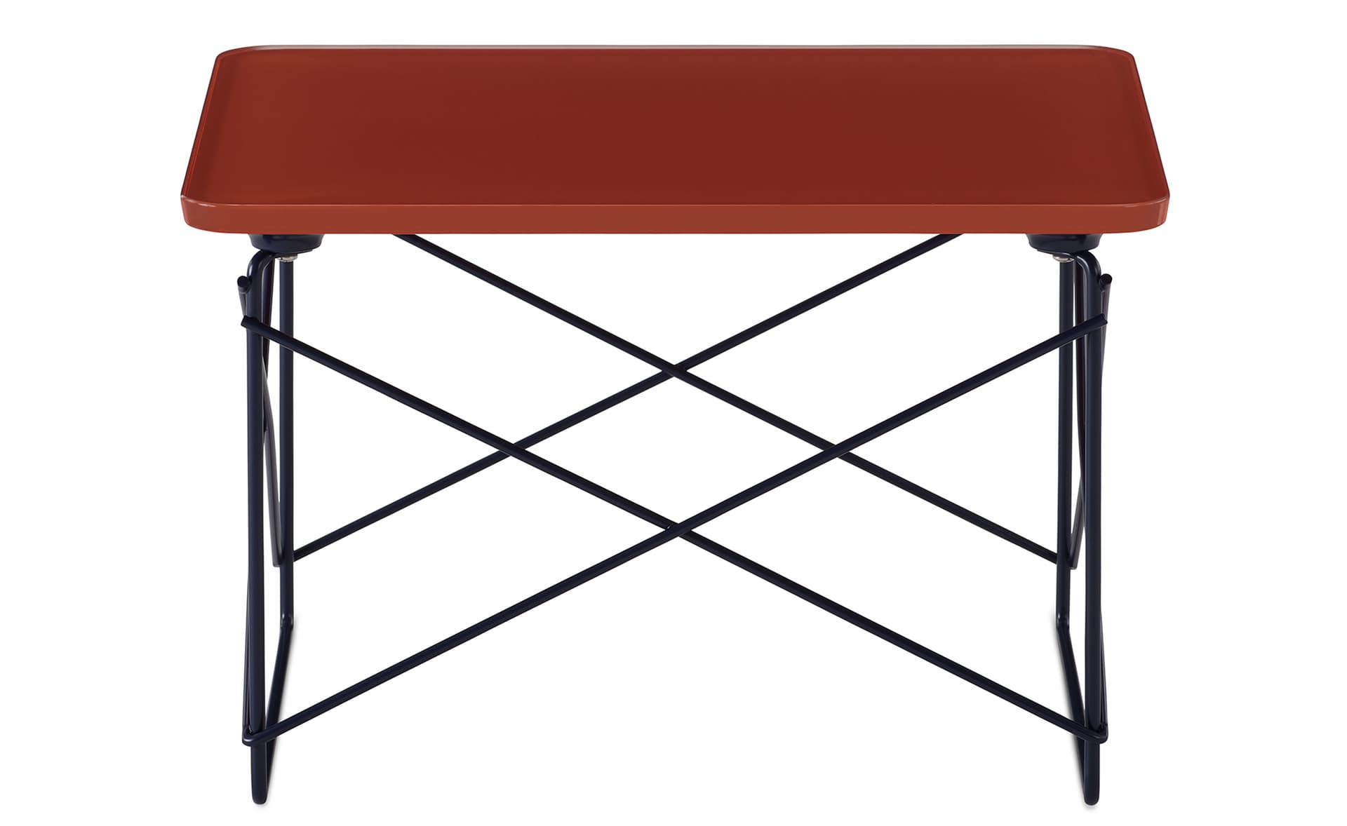 eames wire base low table, herman miller x hay / iron red top / black blue base