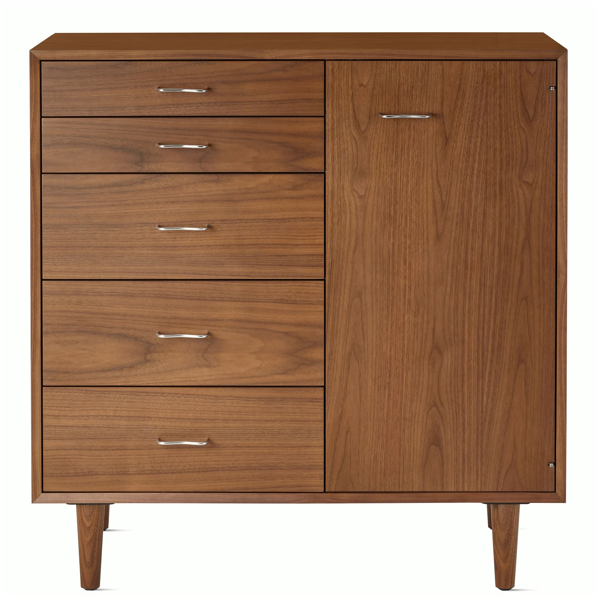 Nelson Basic Cabinet Series 5-Drawer Cabinet with Door / tapered legs / aluminum wavy pulls / walnut finish