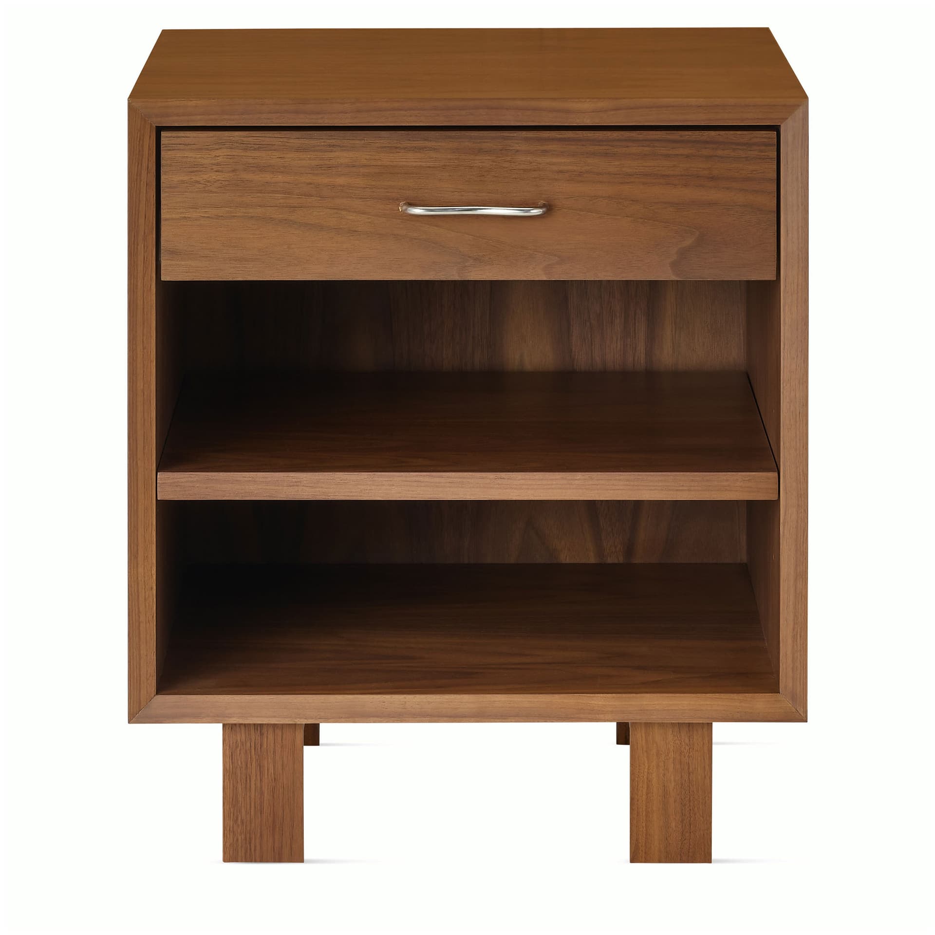 Nelson Basic Cabinet Series Bedside Table / standard legs / aluminum wavy pulls / walnut finish
