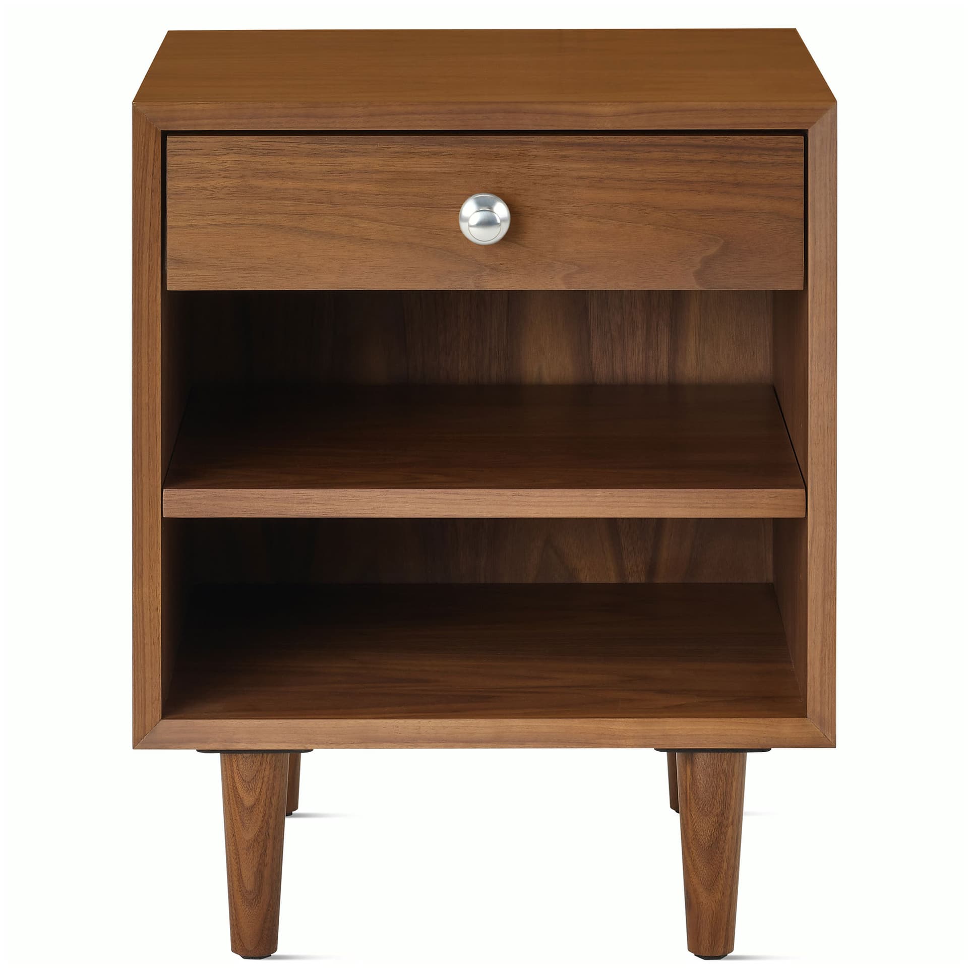 Nelson Basic Cabinet Series Bedside Table / tapered legs / aluminum pawn pulls / walnut finish