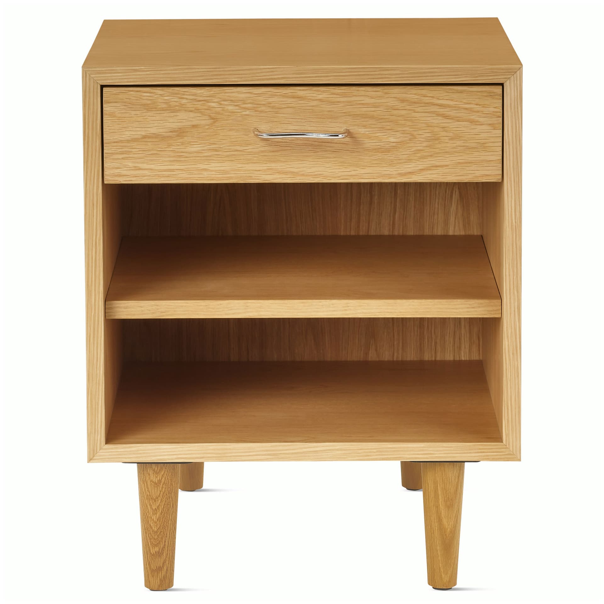 Nelson Basic Cabinet Series Bedside Table / tapered legs / aluminum wavy pulls / white oak finish