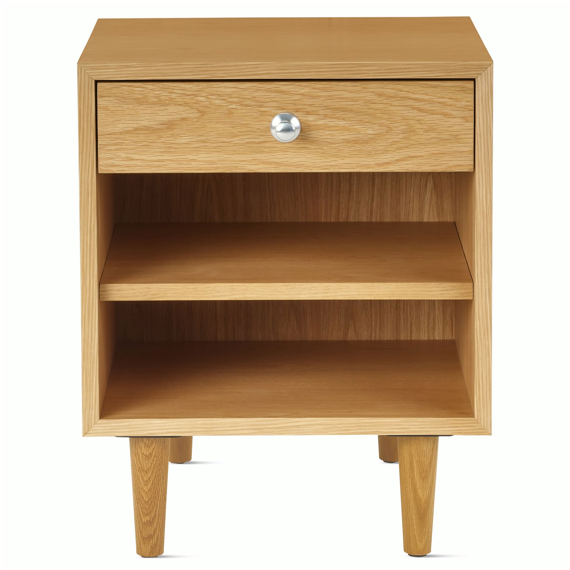 Nelson Basic Cabinet Series Bedside Table / tapered legs / aluminum pawn pulls / white oak finish