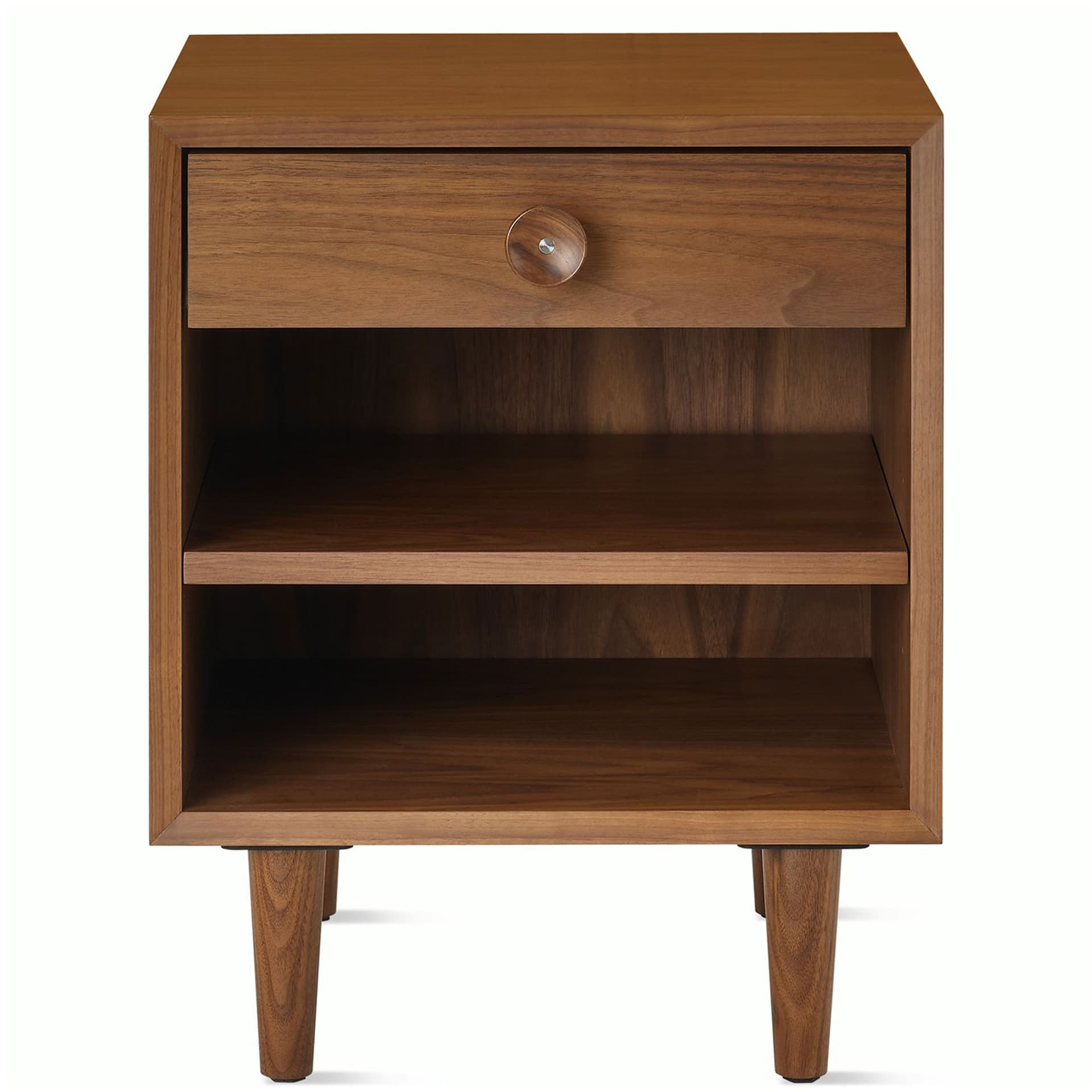 Nelson Basic Cabinet Series Bedside Table / tapered legs / wood cupcake pulls / walnut finish