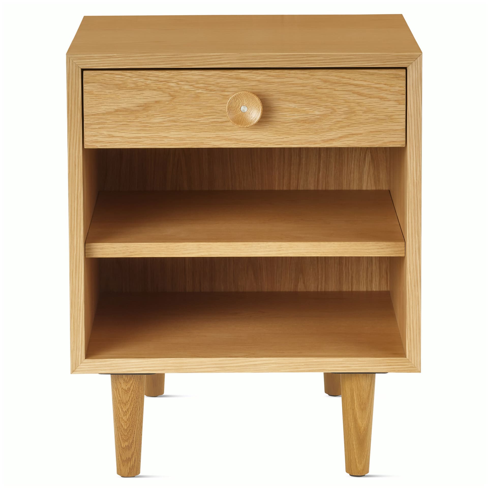 Nelson Basic Cabinet Series Bedside Table / tapered legs / wood cupcake pulls / white oak finish