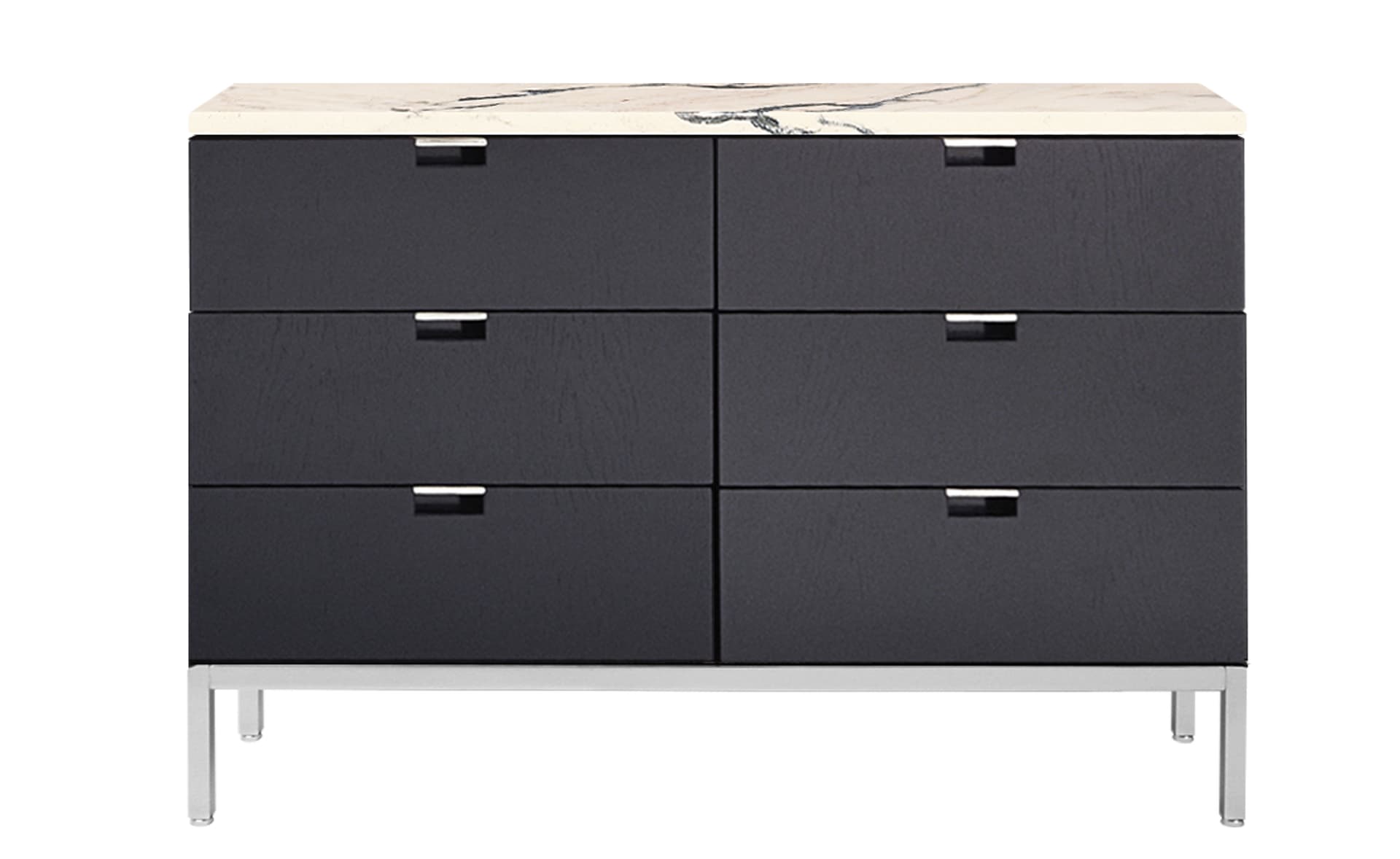 2541M / six drawers / satin chrome base / ebonized oak body / polished coated arabescato marble top / no central locking system