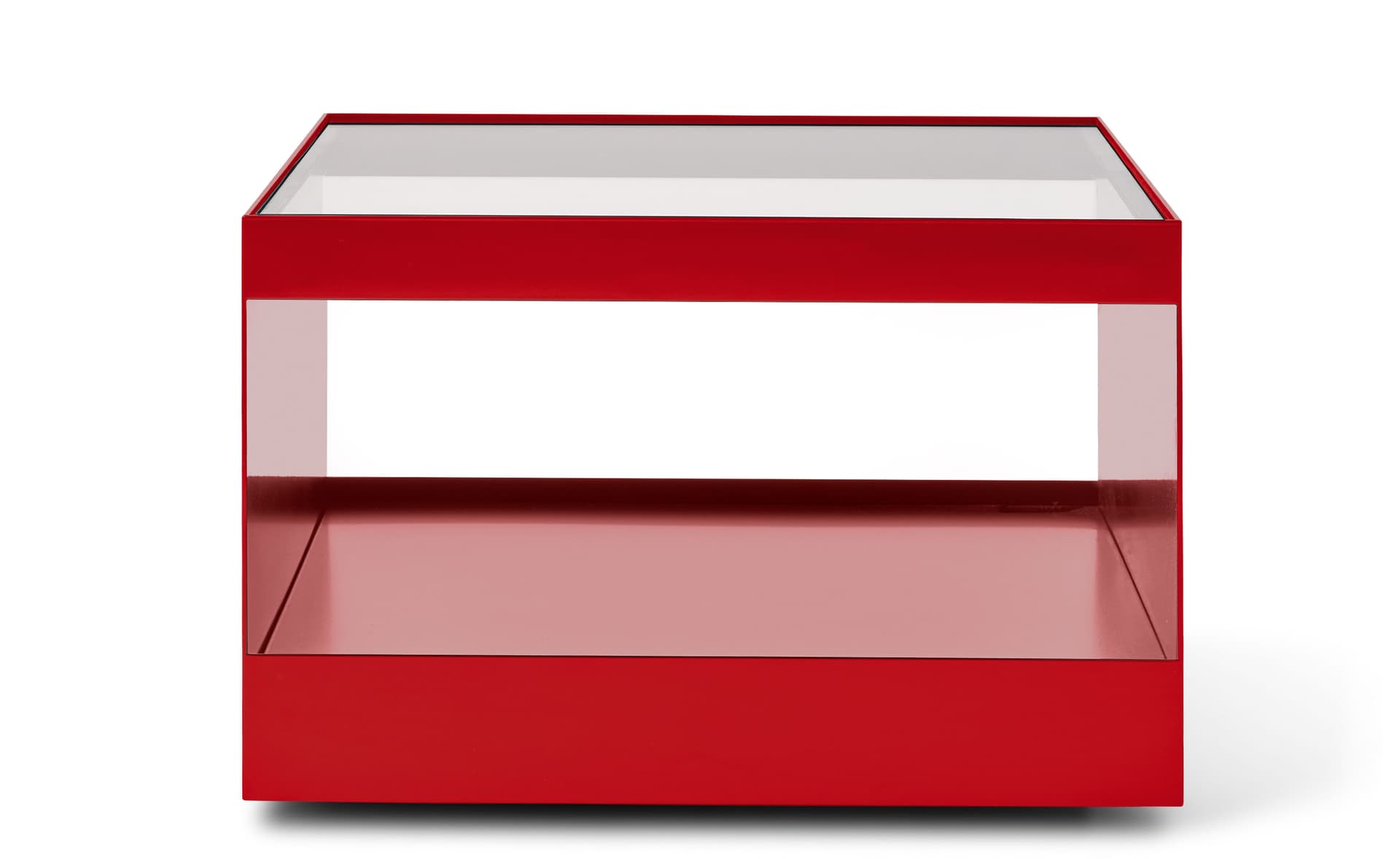 D'Urso Occasional Table / 22" square, 14.5" height - clear glass / crimson base