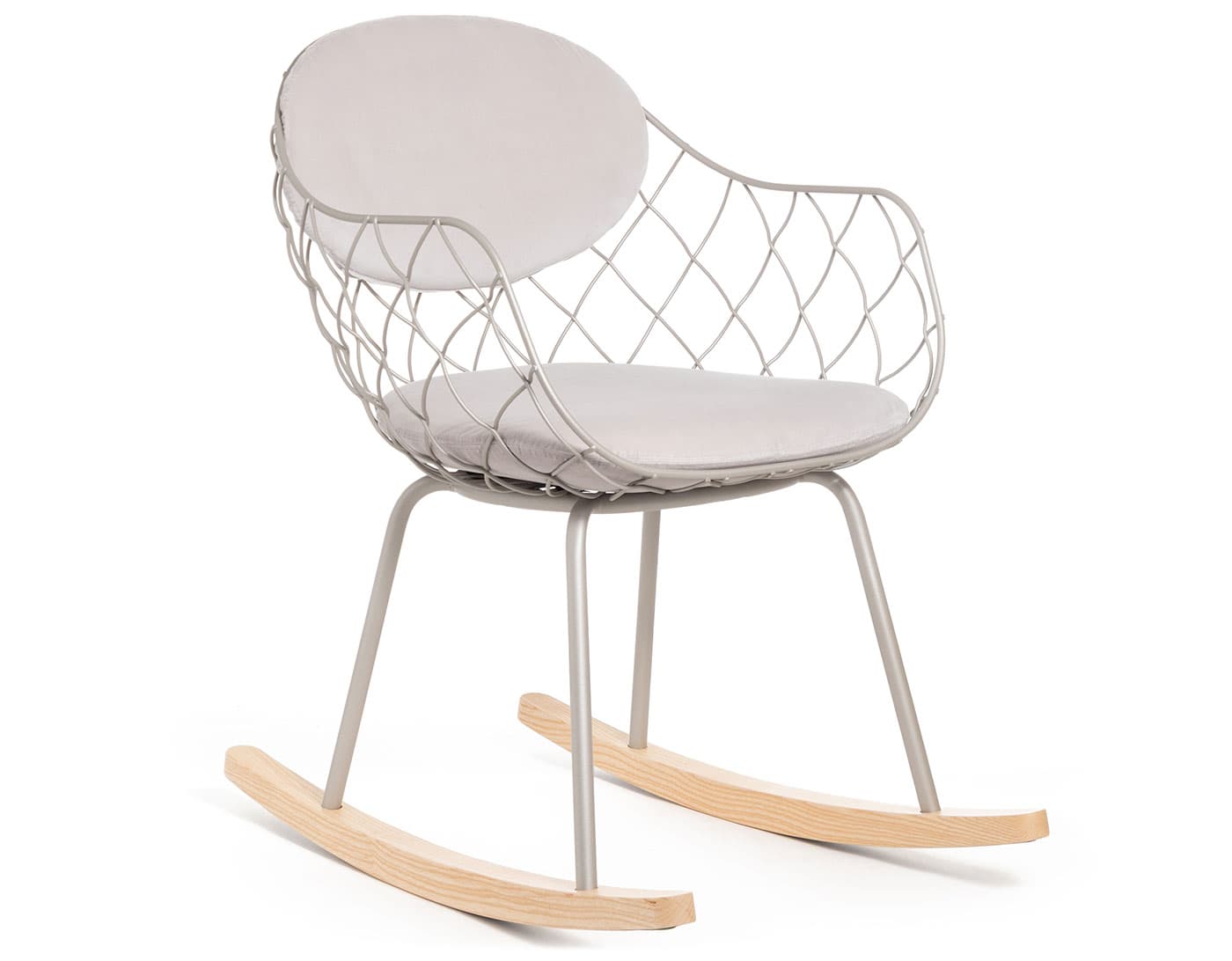 Piña Rocking Chair / velvet beige cushion / grey steel rod shell / ash - natural