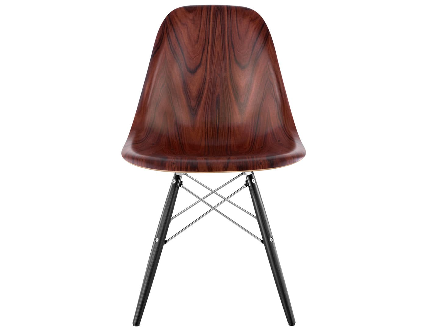 eames molded wood side chair with dowel base / standard glides with felt bottom / santos palisander / trivalent chrome / ebony with black glides