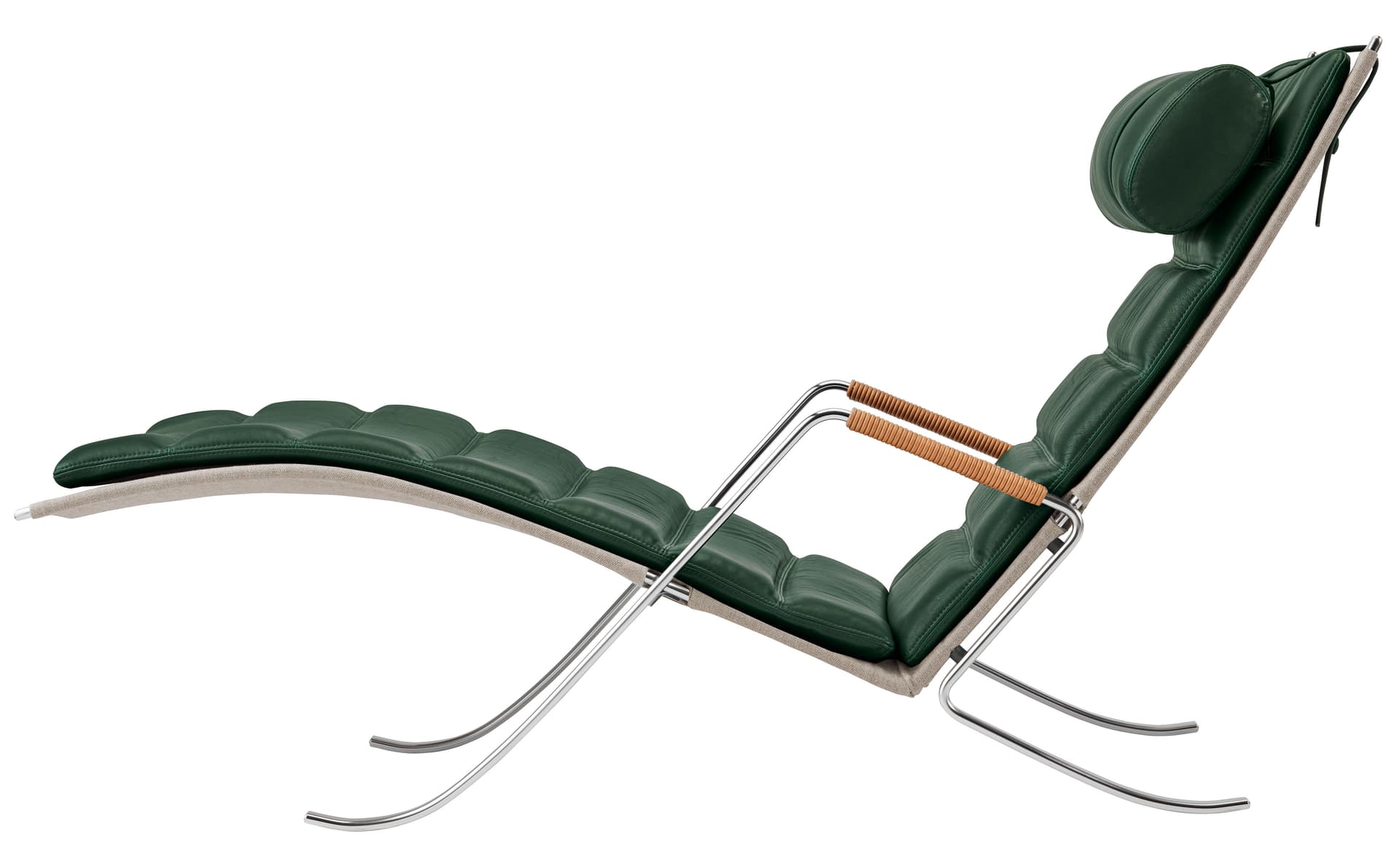 fk87 grasshopper chair / green leather / chrome plated steel with natural leather armrests