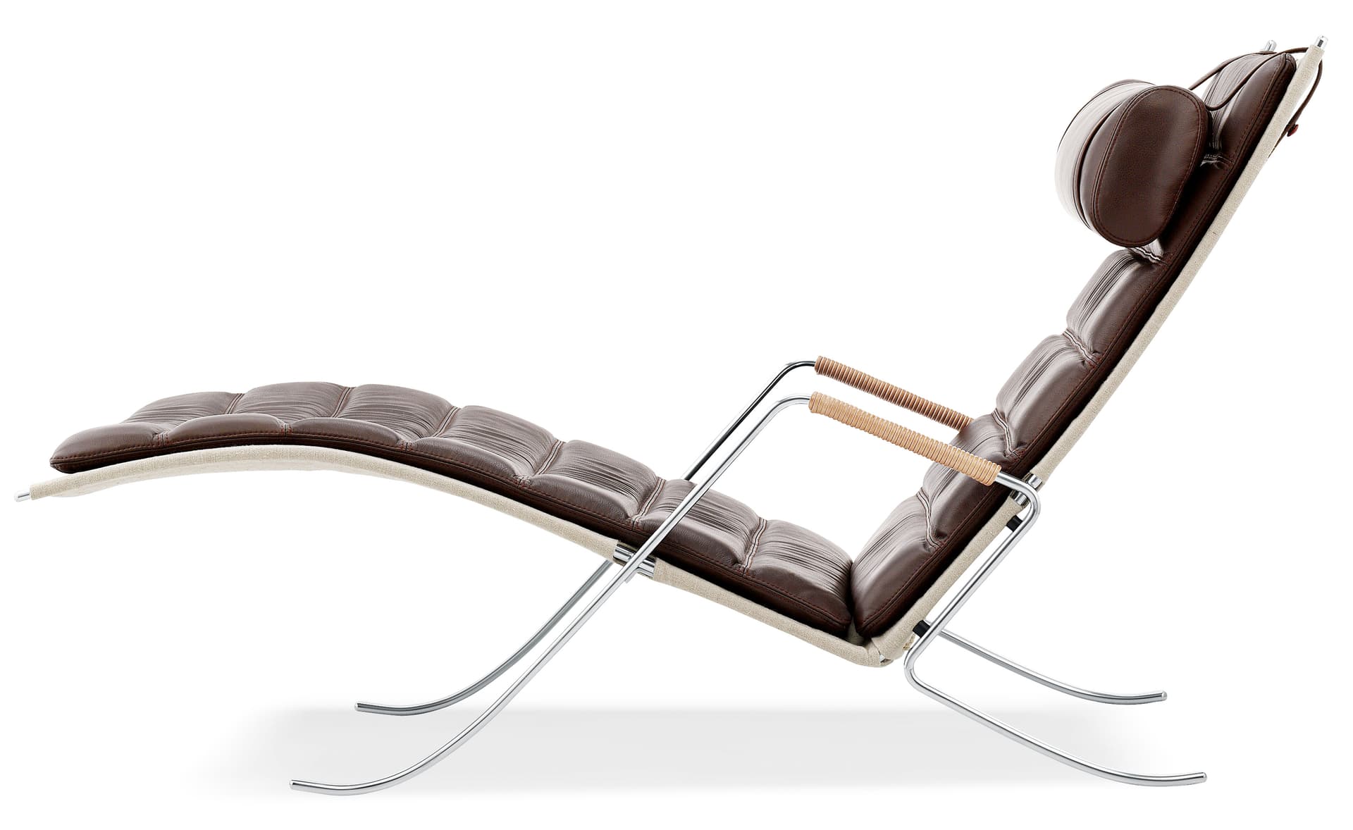 fk87 grasshopper chair / dark brown leather / chrome plated steel with natural leather armrests