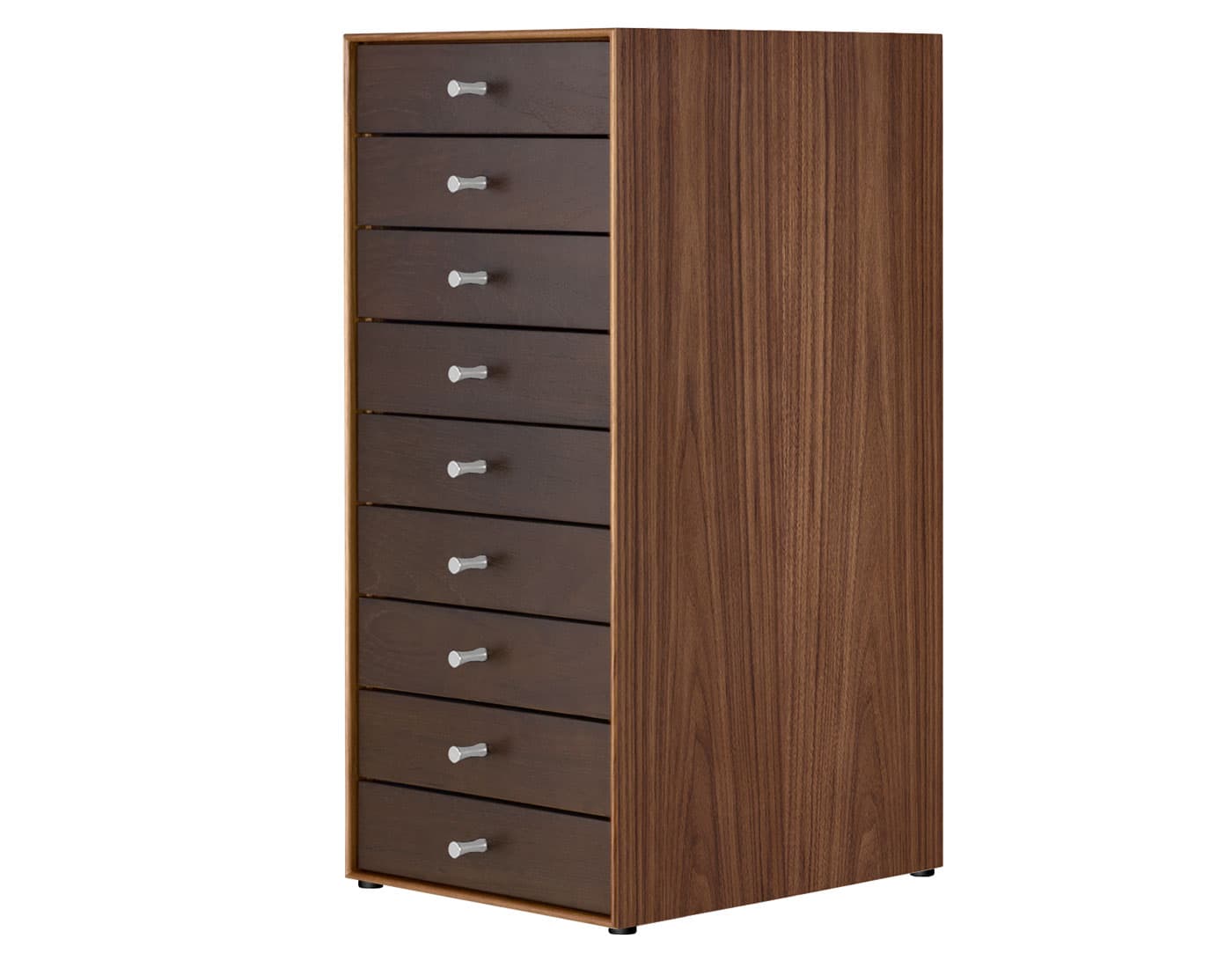 nelson miniature chest 9 drawer / walnut case & dark brown walnut drawers combination / no base / polished aluminum