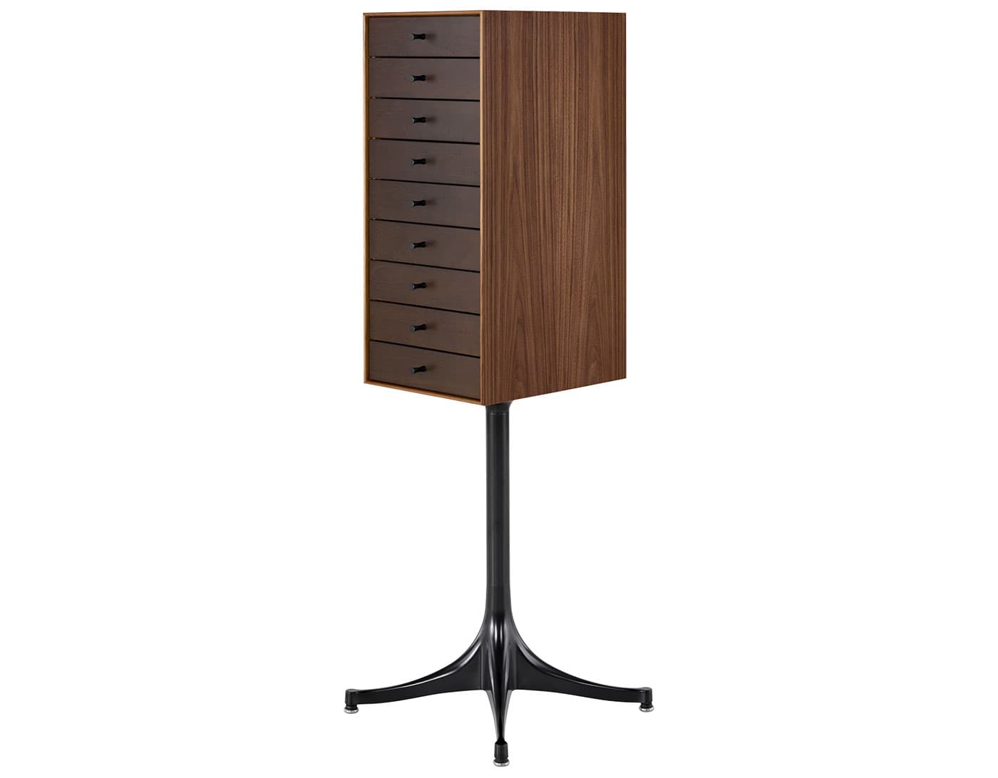 nelson miniature chest 9 drawer / walnut case & dark brown walnut drawers combination / black pedestal base / black