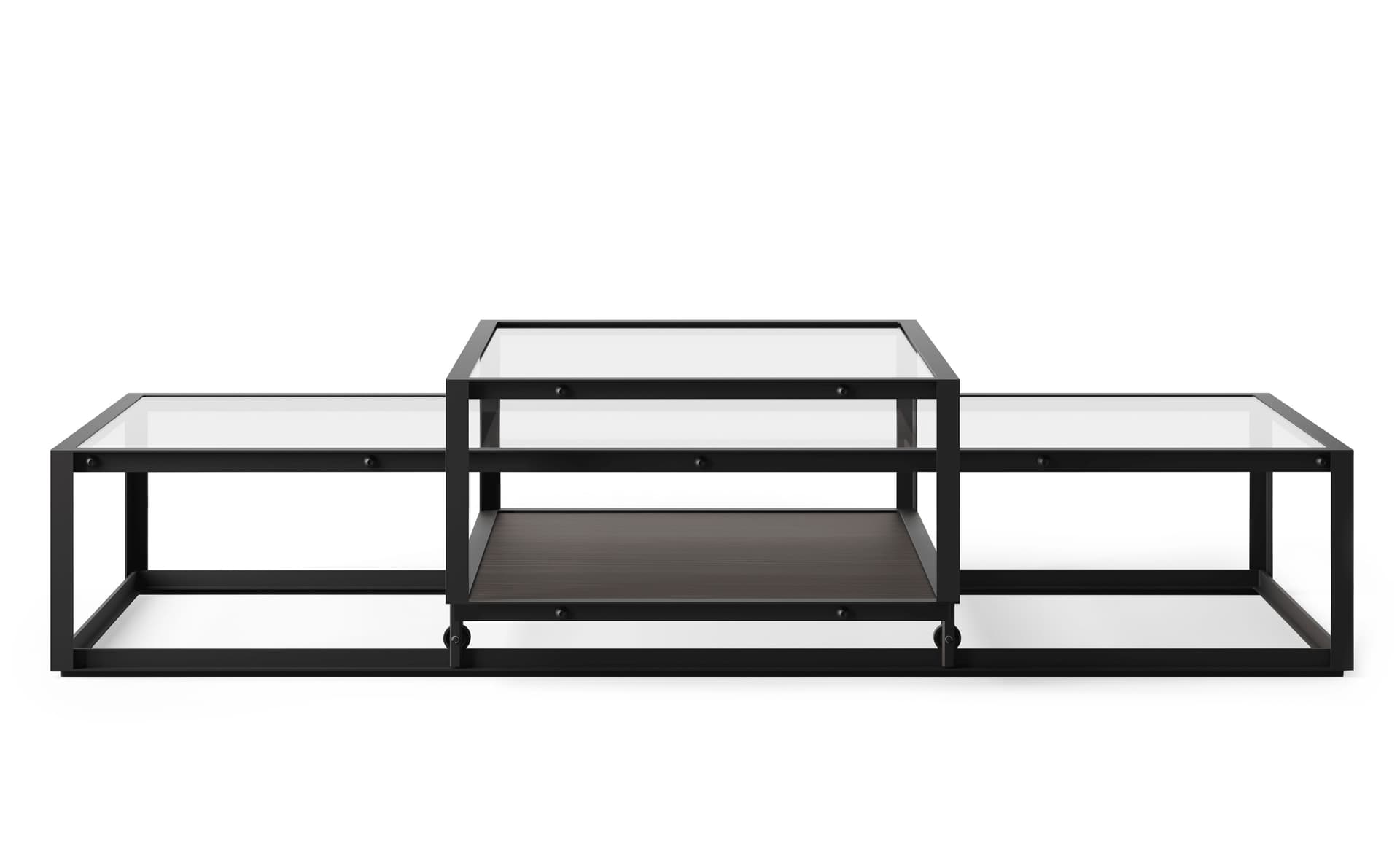 Tangled Coffee Table / large, 63" x 29.1" - black, clear glass / dark brown oak